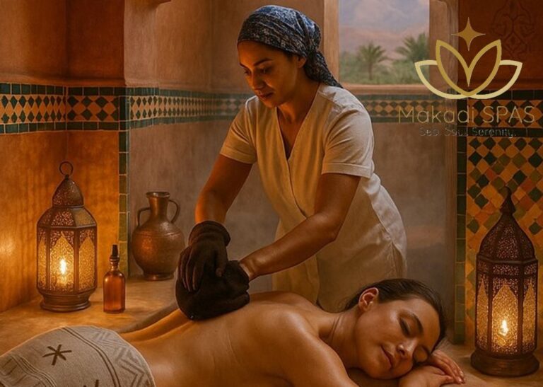 Luxury Turkish Bath & Moroccan Hammam Experiences in Makadi featuring authentic body scrub exfoliation in a traditional spa setting.