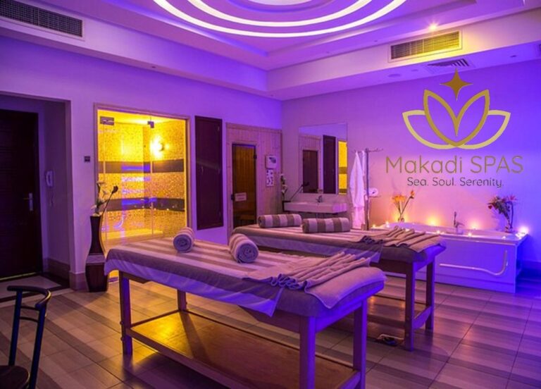 Ultimate Guide to the Best Spa & Wellness Treatments in Makadi Bay featuring luxury treatment tables, ambient purple lighting, and Jacuzzi.